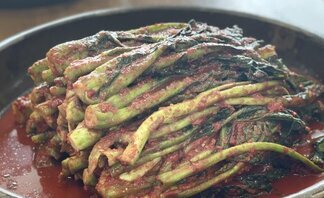 접시에 갓김치가 먹기 좋게 담겨 있는 사진