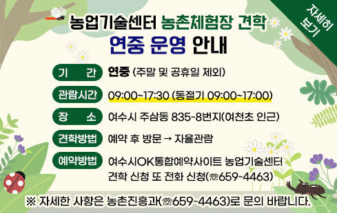 농업기술센터 농촌체험장 견학 연중 운영 안내 ○기간:연중(주말 및 공휴일 제외) ○관람시간:09:00~17:30(동절기 09:00~17:00) ○장소:여수시 주삼동 835-8번지(여천초 인근) ○ 견학방법 : 예약 후 방문 → 자율관람 ○ 예약방법 : 여수시OK통합예약사이트 농업기술센터 견학 신청 또 전화 신청(☏659-4463) ※ 자세한 사항은 농촌진흥과(☏659-4463)로 문의 바랍니다. 자세히보기
