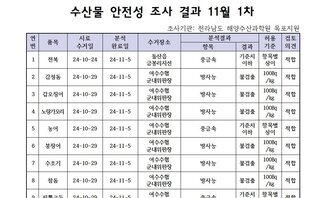수산물 안전성 조사 결과 11월 1차 
조사기관: 전라남도 해양수산과학원 목포지원 
표 설명: 연번순으로 품목, 시료 수거일, 분석 완료일, 수거장소, 분석 결과, 허용 기준, 검토 의견으로 나열 되어 있습니다. 
1 전복, 시료 수거일 24년 10월 24일, 분석 완료일 24년 11월 5일, 수거장소 돌산읍 금봉리지선, 분석결과 중금속 기준치 이하, 허용기준 항목별 상이, 검토의견 적합
2 감성돔, 시료 수거일 24년 10월 29일, 분석 완료일 24년 11월 5일, 수거장소 여수수협 군내위판장, 분석결과 방사능 불검출, 허용기준 100Bq/kg, 검토의견 적합
3 갑오징어, 시료 수거일 24년 10월 29일, 분석 완료일 24년 11월 5일, 수거장소 여수수협 군내위판장, 분석결과 방사능 불검출, 허용기준 100Bq/kg, 검토의견 적합
4 노랑가오리, 시료 수거일 24년 10월 29일, 분석 완료일 24년 11월 5일, 수거장소 여수수협 군내위판장, 분석결과 방사능 불검출, 허용기준 100Bq/kg, 검토의견 적합
5 농어, 시료 수거일 24년 10월 29일, 분석 완료일 24년 11월 5일, 수거장소 여수수협 군내위판장, 분석결과 중금속 기준치 이하, 허용기준 항목별 상이, 검토의견 적합
6 붕장어, 시료 수거일 24년 10월 29일, 분석 완료일 24년 11월 5일, 수거장소 여수수협 군내위판장, 분석결과 방사능 불검출, 허용기준 100Bq/kg, 검토의견 적합
7 수조기, 시료 수거일 24년 10월 29일, 분석 완료일 24년 11월 5일, 수거장소 여수수협 군내위판장, 분석결과 방사능 불검출, 허용기준 100Bq/kg, 검토의견 적합
8 참돔, 시료 수거일 24년 10월 29일, 분석 완료일 24년 11월 5일, 수거장소 여수수협 군내위판장, 분석결과 방사능 불검출, 허용기준 100Bq/kg, 검토의견 적합
9 피뿔고둥, 시료 수거일 24년 10월 29일, 분석 완료일 24년 11월 5일, 수거장소 여수수협 군내위판장, 분석결과 방사능 불검출, 허용기준 100Bq/kg, 검토의견 적합