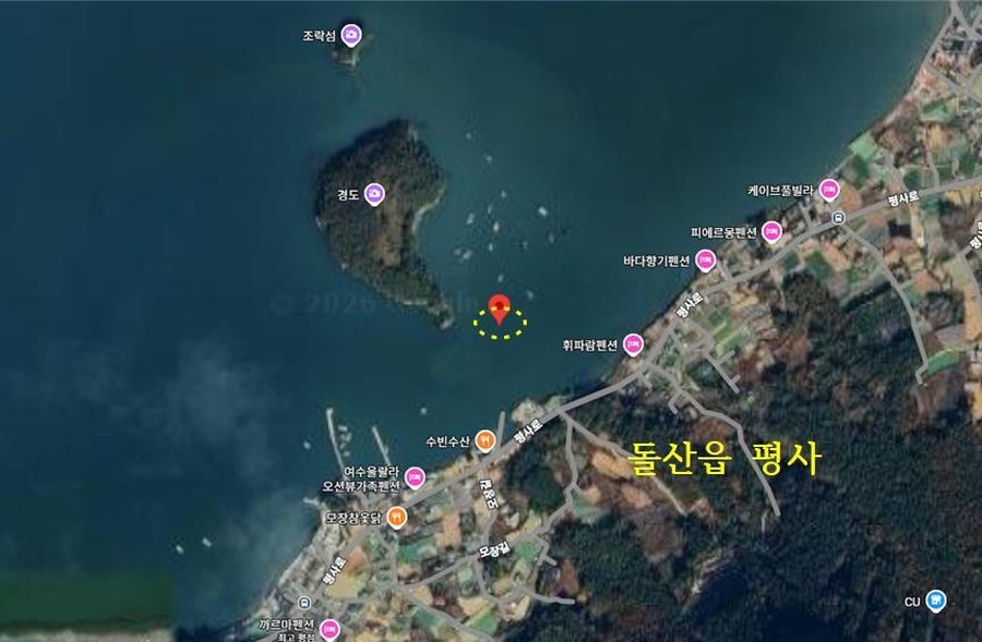 돌산 평사마을 앞 해상 낚시어선 사고 위험 구역 표시 지도
