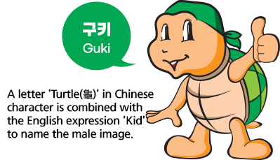 여수시 캐릭터 구키-한자의 거북 구 자와 어린이의 영어표현인 키드(kid)를 합하여 남성 이미지로서 지은 이름