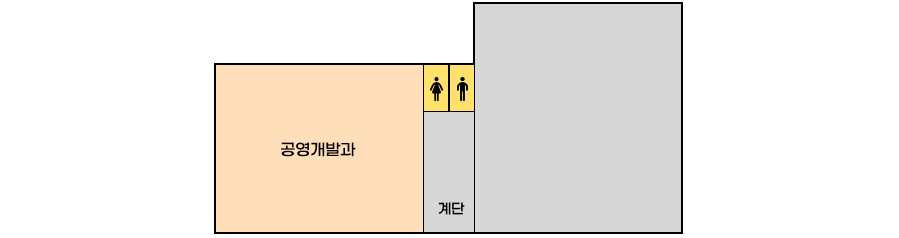 별관(허재영정형외과) 2층 배치도이며 공영개발과, 여자화장실, 남자화장실, 계단 위치
