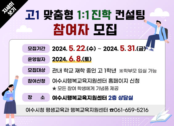 고1 맞춤형 1:1 진학 컨설팅 참여자 모집 * 모집기간 : 2024. 5. 22.(수) ~ 2024. 5. 31.(금) * 운영일자 : 2024. 6. 8.(토) * 모집대상 : 관내 학교 재학 중인 고 1학년 ※ 학부모 입실 가능 * 참여신청 : 여수시행복교육지원센터 홈페이지 신청 ★ 모든 참여 학생에게 기념품 제공 * 장소 : 여수시행복교육지원센터 2층 상담실 * 문의 : 여수시청 평생교육과 행복교육지원센터 ☎061-659-5216 자세히보기