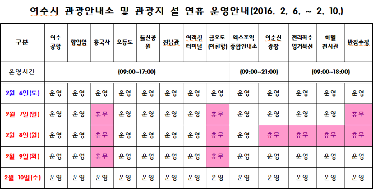 2016 설 연휴기간 여수시 관광안내소 및 주요관광시설 운영 안내(2. 6.-2.10)  
