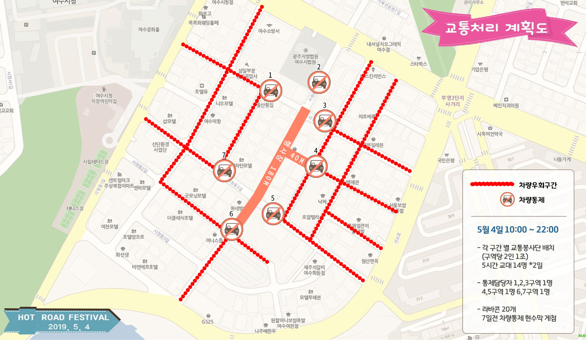 hotroad페스티벌 교통 통제구역으로 소방소 뒤쪽부터 행사장 주변으로 차량 우회구간이 있고 차량우회구간과 행사장 사이에는 차량 통제구간이 7곳 있다. 5월 4일 10:00~22:00까치 차량을 통제하고 각 구간별 교통봉사단이 배치되고 구역당 2인 1조로 구성, 5시간 교대 14명 * 2일동안 배치된다. 통제담당자는 1, 2, 3구역 1명 4, 5구역 1명, 6, 7구역 1명 배치, 라바콘 20개 7일전 차량통제 현수막을 게첨할 계획이다.