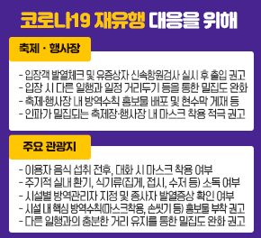 ※ 코로나19 재유행 대응을 위해  <축제ㆍ행사장> ◇ 입장객 발열체크 및 유증상자 신속항원검사 실시 후 출입 권고 ◇ 입장 시 다른 일행과 일정 거리두기 등을 통한 밀집도 완화 ◇ 축제·행사장 내 방역수칙 홍보물 배포 및 현수막 게재 등 ◇ 인파가 밀집되는 축제장·행사장 내 마스크 착용 적극 권고  <주요 관광지> ◇ 이용자 음식 섭취 전후, 대화 시 마스크 착용 여부 ◇ 주기적 실내 환기, 식기류(집게, 접시, 수저 등) 소독 여부 ◇ 시설별 방역관리자 지정 및 종사자 발열증상 확인 여부 ◇ 시설 내 핵심 방역수칙(마스크착용, 손씻기 등) 홍보물 부착 권고 ◇ 다른 일행과의 충분한 거리 유지를 통한 밀집도 완화 권고