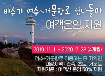 비수기 여수~거문항로 섬나들이 여객운임 지원 2019. 11. 1. ~ 2020. 2. 28(4개월) 여수~거문항로 이용하는 타 지역민 대상지역 : 손죽, 초도, 거문도 지원기준 : 여객선 운임 50% 지원