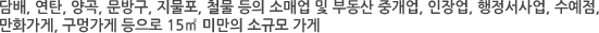 담배, 연탄, 양곡, 문방구, 지물포, 철물 등의 소매업 및 부동산 중개업, 인장업, 행정서사업, 수예점, 만화가게, 구멍가게 등으로 15㎡ 미만의 소규모 가게 담배, 연탄, 양곡, 문방구, 지물포, 철물 등의 소매업 및 부동산 중개업, 인장업, 행정서사업, 수예점, 만화가게, 구멍가게 등으로 15㎡ 미만의 소규모 가게