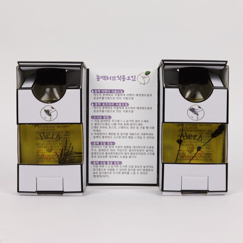 동백식용오일  선물 세트-동백라벤더 식용오일 -동백로즈마리 식용오일 -드시는 방법, 동백오일 효능, 동백 오일 활용 방법이 작게 적혀 있다