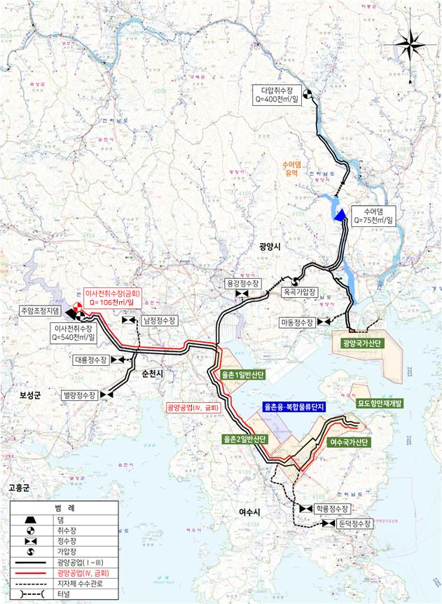 전라남도 광양시와 여수시를 포함한 지역의 수자원 관리 및 정수장 위치를 나타낸 지도이다. 주요 정수장과 취수장 정보가 포함되어 있다.