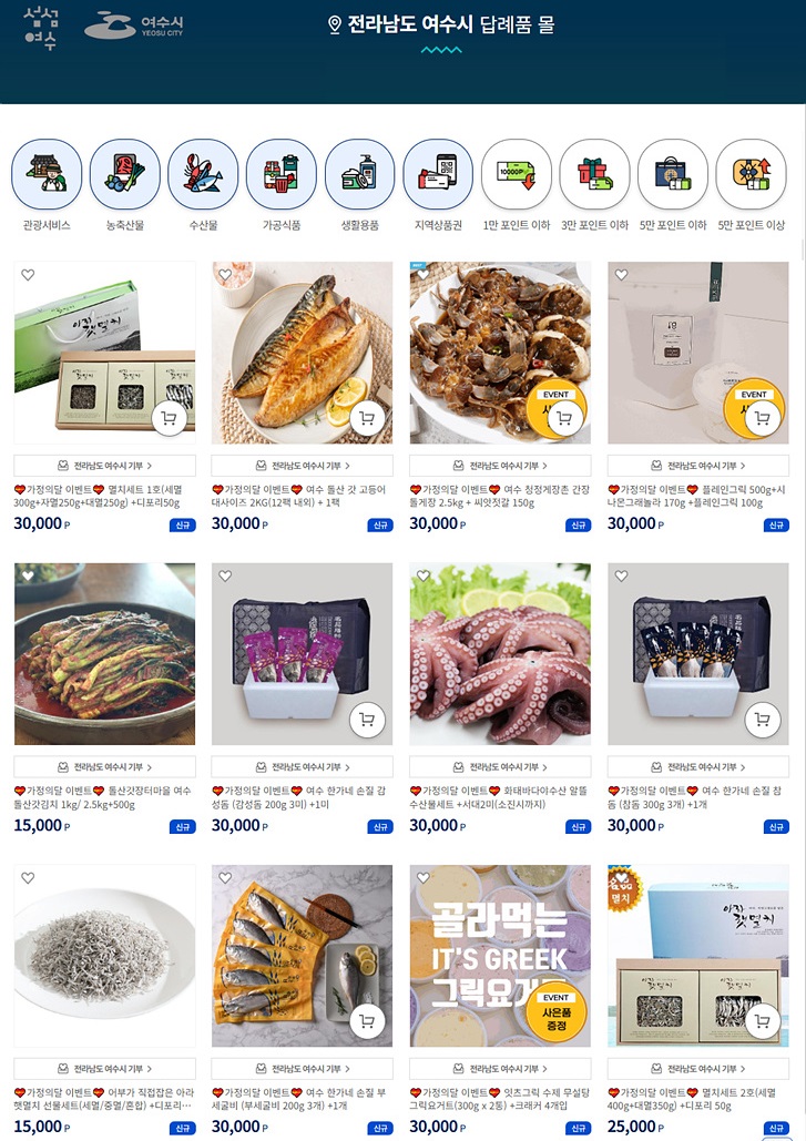 전라남도 여수시 답례품몰 온라인 화면, 김부각, 고등어, 간장게장, 갓김치, 참돔, 문어 등 다양한 지역 특산물 답례품이 가격과 함께 진열된 모습