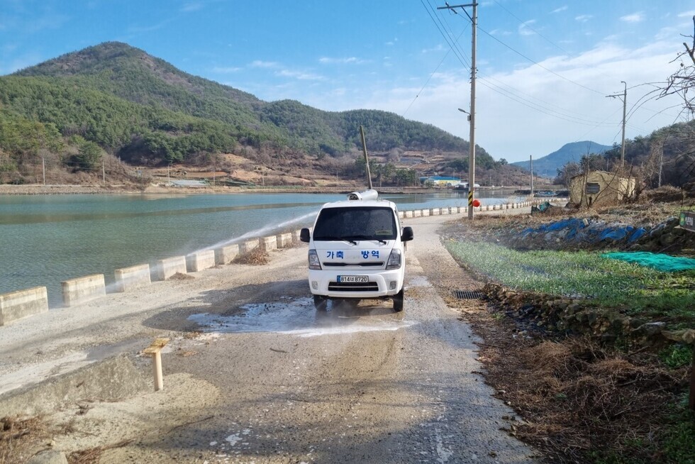 가축 방역 차량이 도로에서 물을 뿌리며 방역 작업을 하고 있는 모습이다.