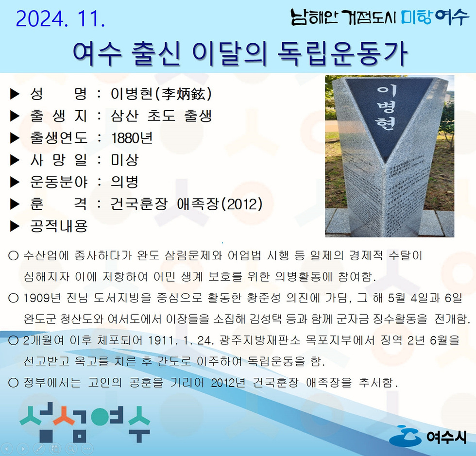 2024. 11. 여수 출신 이달의 독립운동가 성 명 : 이병현(李炳鉉) 출 생 지 : 삼산 초도 출생연도 : 1880년 사 망 일 : 미상 운동분야 : 의병 훈 격 : 건국훈장 애족장(2012) 공적내용 ○ 수산업에 종사하다가 완도 삼림문제와 어업법 시행 등 일제의 경제적 수탈이 심해지자 이에 저항하여 어민 생계 보호를 위한 의병활동에 참여함. ○ 1909년 전남도서관을 중심으로 활동한 환준성 의진에 가담, 그 해 5월 4일과 6일 안도면 청산도와 여수에서 이장들을 소집해 군자금 징수활동을 전개함. ○ 2개월 이후 체포되어 1911. 1. 24. 광주지방법원 소속지부에서 징역 2년 6월을 선고받고 옥고를 치른 후 간도로 이주하여 독립운동을 함. ○ 정부에서는 고인의 공훈을 기리어 2012년 건국훈장 애족장을 추서함.