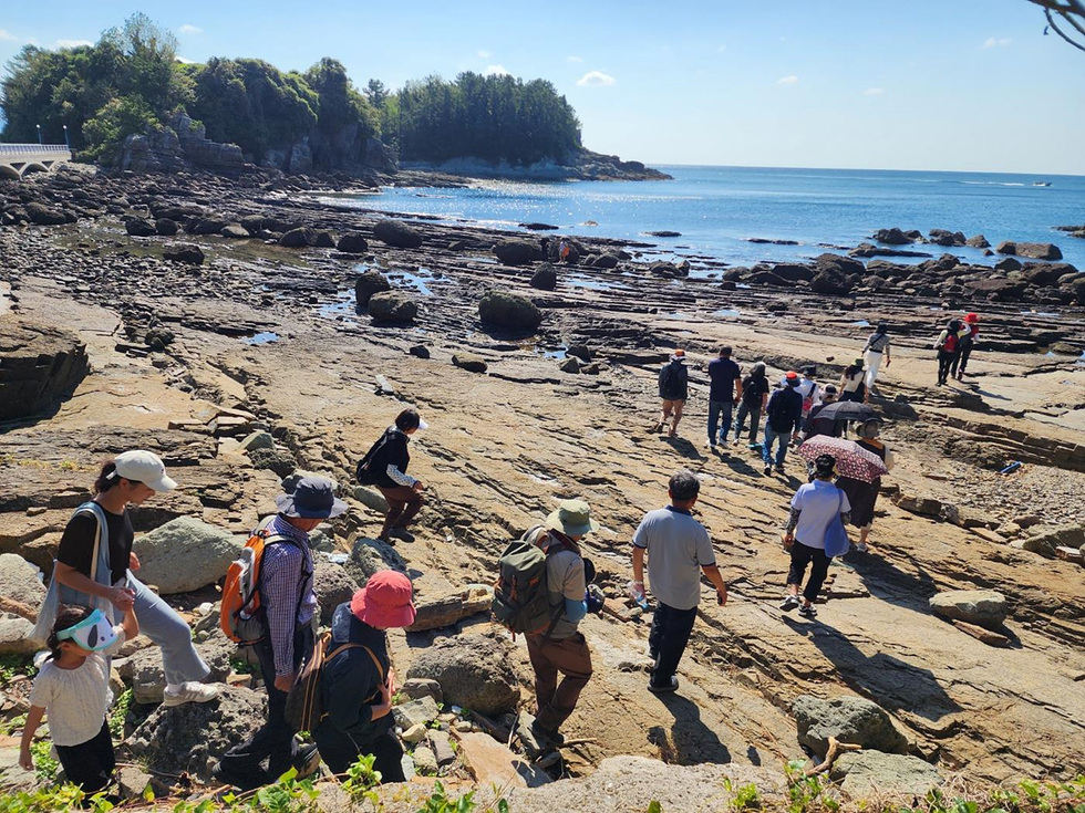 여러 사람들이 해안가의 바위 위를 걷고 있으며, 일부는 우산을 쓰고 있다. 배경에는 바다와 숲이 보인다.