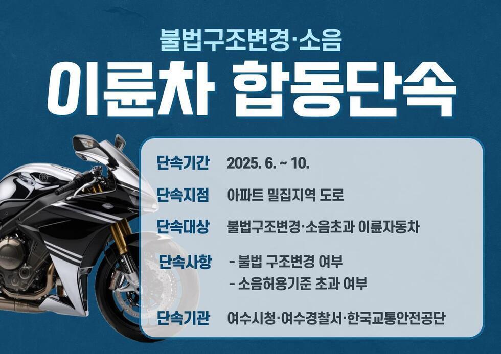 불법구조변경·소음 이륜차 합동단속 단속기간 2025. 6. ~ 10. 단속지점 아파트 밀집지역 도로 단속대상 불법구조변경·소음초과 이륜자동차 단속사항 - 불법 구조변경 여부 - 소음허용기준 초과 여부 단속기관 여수시청·여수경찰서·한국교통안전공단