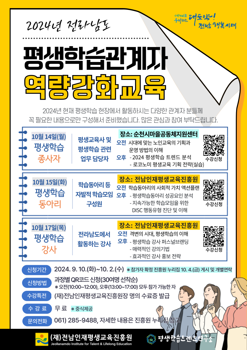 2024년 전라남도 평생학습관계자 역량강화교육 2024년 현재 평생학습 현장에서 활동하시는 다양한 관계자 분들께 꼭 필요한 내용으로만 구성해서 준비했습니다. 많은 관심과 참여 부탁드립니다. 10월 14일(월) 평생학습 종사자 장소: 순천시마을공동체지원센터 평생교육사 및 오전 시대에 맞는 노인교육의 기획과 평생학습 관련 운영 방법의 이해 업무 담당자 오후 2024 평생학습 트렌드 분석 - 로코노미 평생교육 기획 전략(실습) 10월 15일(화) 평생학습 동아리 장소: 전남인재평생교육진흥원 학습동아리 등 오전 학습동아리의 사회적 가치 액션플랜 자발적 학습모임 오후 . 평생학습동아리 성공요인 분석 구성원 - 지속가능한 학습모임을 위한 DISC 행동유형 진단 및 이해 10월 17일(목) 평생학습 강사 장소: 전남인재평생교육진흥원 전라남도에서 오전 격변의 시대, 평생학습의 이해 활동하는 강사 오후 •평생학습 강사 퍼스널브랜딩 - 매력적인 강의기법 - 효과적인 강사 홍보 전략 신청기간 2024. 9. 10.(화)~10. 2.(수) ※ 참가자 확정 진흥원 누리집 10. 4.(금) 게시 및 개별연락 신청방법 과정별 QR코드 신청(30여명 선착순) 수강특전 ※ 오전(10:00~12:00), 오후(13:00~17:00) 모두 참가 가능한 자 (재)전남인재평생교육진흥원장 명의 수료증 발급 수강료 무료 ※중식제공 문의전화 061) 285-9488, 자세한 내용은 진흥원 누리집 참고