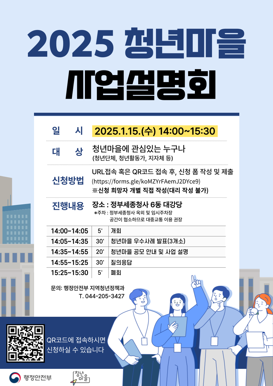 2025 청년마을 사업설명회 일시 2025.1.15.(수) 14:00~15:30 대상 청년마을에 관심있는 누구나 (청년단체, 청년활동가, 지자체 등) 신청방법 URL접속 혹은 QR코드 접속 후, 신청폼 작성 및 제출 (https://forms.gle/koMZYrFfamJ2Dyc9) ※신청 희망자 개별 직접 작성(대리 작성 불가) 진행내용 장소: 정부세종청사 6동 대강당 **주차: 정부세종청사 육의 및 임시주차장 공간이 협소하므로 대중교통 이용 권장 14:00~14:05 5' 개회 14:05~14:35 30' 청년마을 우수사례 발표(3개소) 14:35~14:55 20' 청년마을 공모 안내 및 사업 설명 14:55~15:25 30' 질문응답 15:25~15:30 5' 폐회 문의: 행정안전부 지역청년정책과 T. 044-205-3427 QR코드에 접속하시면 신청하실 수 있습니다.