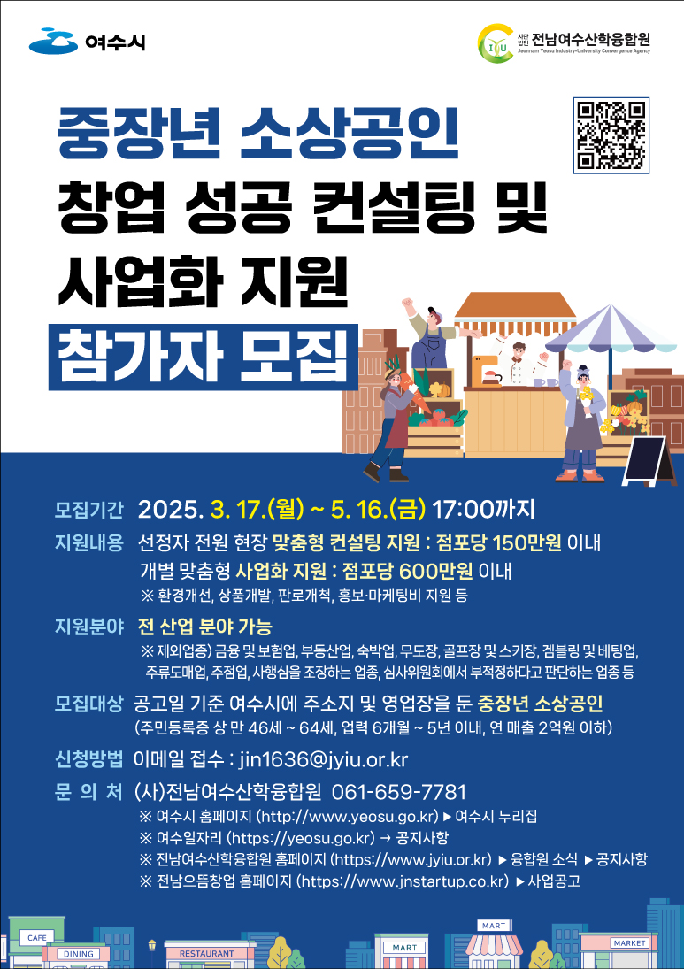 중장년 소상공인 창업 성공 컨설팅 및 사업화 지원 참가자 모집 모집기간 2025. 3. 17.(월) ~ 5. 16.(금) 17:00까지 지원내용 선정자 전원 현장 맞춤형 컨설팅 지원 : 점포당 150만원 이내 개발 맞춤형 사업화 지원 : 점포당 600만원 이내 ※ 환경개선, 상품개발, 판로개척, 홍보·마케팅비 지원 등 지원분야 전 산업 분야 가능 ※ 제외업종 : 금융 보험업, 부동산업, 숙박업, 무도장, 골프장 및 스키장, 겜블링 및 베팅업, 주류도매업, 주점업, 사행성업을 조장하는 업종, 심사위원회에서 부적정하다고 판단하는 업종 등 모집대상 공고일 기준 여수시에 주소지 및 명업장을 둔 중장년 소상공인 (주민등록상 만 46세 ~ 64세, 업력 6년 이상 및 5년 이내, 연매출 2억원 이하) 신청방법 이메일 접수 : jin1636@jiyu.or.kr 문의처 (사)전남여수산학융합원 061-659-7781 여수시 홈페이지 (http://www.yeosu.go.kr) 여수시청 (https://yeosu.go.kr) → 공지사항 전남여수산학융합원 홈페이지 (https://www.jiyu.or.kr) → 융합원 소식 → 공지사항 전남창조경제혁신센터 홈페이지 (https://www.jstartup.co.kr) → 사업안내