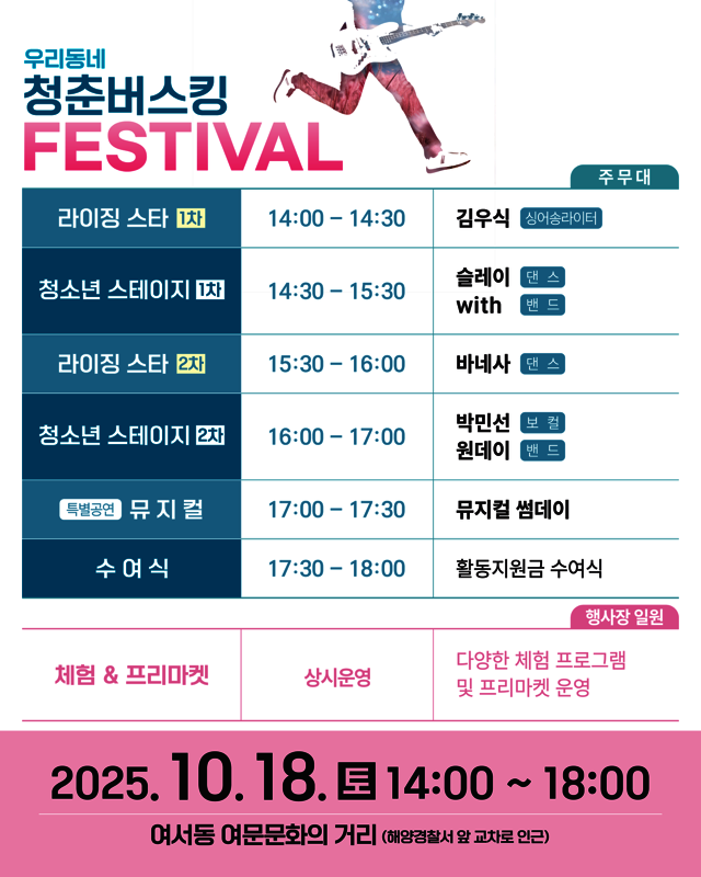 우리동네 청춘버스킹 FESTIVAL[주무대]라이징 스타 1차, 시간 14:00 ~ 14:30, 김우식 싱어송라이터청소년 스테이지 1차, 시간 14:30 ~ 15:30, 슬레이 with 밴드라이징 스타 2차, 시간 15:30 ~ 16:00, 바네사 댄스청소년 스테이지 2차, 시간 16:00 ~ 17:00, 박민선 원데이 밴드특별공연 뮤지컬, 시간 17:00 ~ 17:30, 뮤지컬 썸데이수여식, 시간 17:30 ~ 18:00, 활동지원금 수여식[행사장 일원]체험 & 프리마켓 상시운영  다양한 체험 프로그램 및 프리마켓 운영일시: 2025년 10월 18일 토 14:00 ~ 18:00 장소: 여서동 여문문화의 거리 (해양경찰서 앞 교차로 인근)