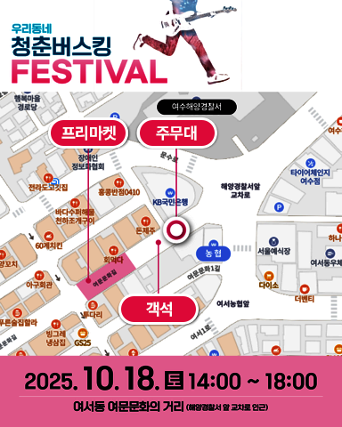 우리동네 청춘버스킹 FESTIVAL지도 설명여문문화길 KB국민은행과 농협 사이에 주무대, 객석 위치하고 프리마켓은 객석 뒷 길에 있습니다.일시: 2025년 10월 18일 토 14:00 ~ 18:00 장소: 여서동 여문문화의 거리 (해양경찰서 앞 교차로 인근)