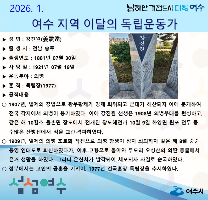 여수시, 1월의 독립운동가 전남 승주 태생  '강진원 선생' 선정