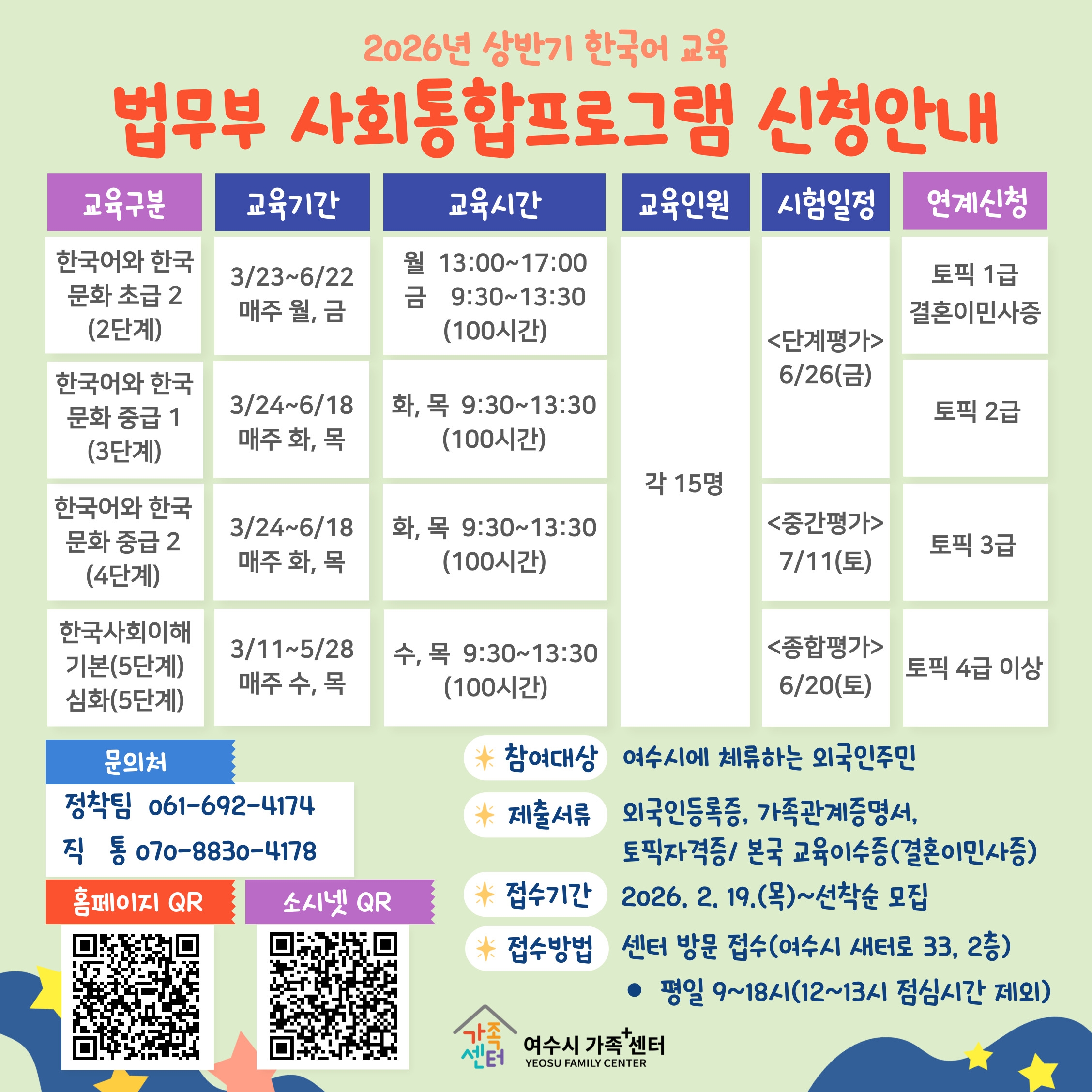 2026년 상반기 한국어 교육 법무부 사회통합프로그램 신청안내 교육구분 교육기간 교육시간 교육인원 시험일정 연계신청 한국어와 한국 문화 초급 2(2단계) 3월23일부터 6월22일 매주 월, 금 월 13:00~17:00 금 9:30~13:30(100시간)각 15명<단계평가>6월26일(금)토픽 1급결혼이민사증 한국어와 한국문화 중급 1(3단계) 3월24일부터 6월18일 매주 화, 목 화, 목 9:30~13:30(100시간) 각 15명 <단계평가> 6월26일(금) 토픽 2급 한국어와 한국 각 15명 문화 중급 2(4단계) 3월24일부터 6월18일 매주 화, 목 화, 목 9:30~13:30(100시간) 각 15명 <중간평가> 7월11일(토) 토픽 3급 한국사회이해 기본(5단계) 심화(5단계) 3월11일부터5월28일 매주 수, 목 수, 목 9:30~13:30(100시간) <종합평가> 6월20일(토) 토픽 4급 이상 문의처 정착팀 061-692-4174 직통 070-8830-4178 참여대상 여수시에 체류하는 외국인주민 제출서류 외국인등록증, 가족관계증명서, 토픽자격증/ 본국 교육이수증(결혼이민사증) 접수기간 2026. 2. 19.(목)~선착순 모집 접수방법 센터 방문 접수(여수시 새터로 33, 2층) ● 평일 9~18시(12~13시 점심시간 제외)