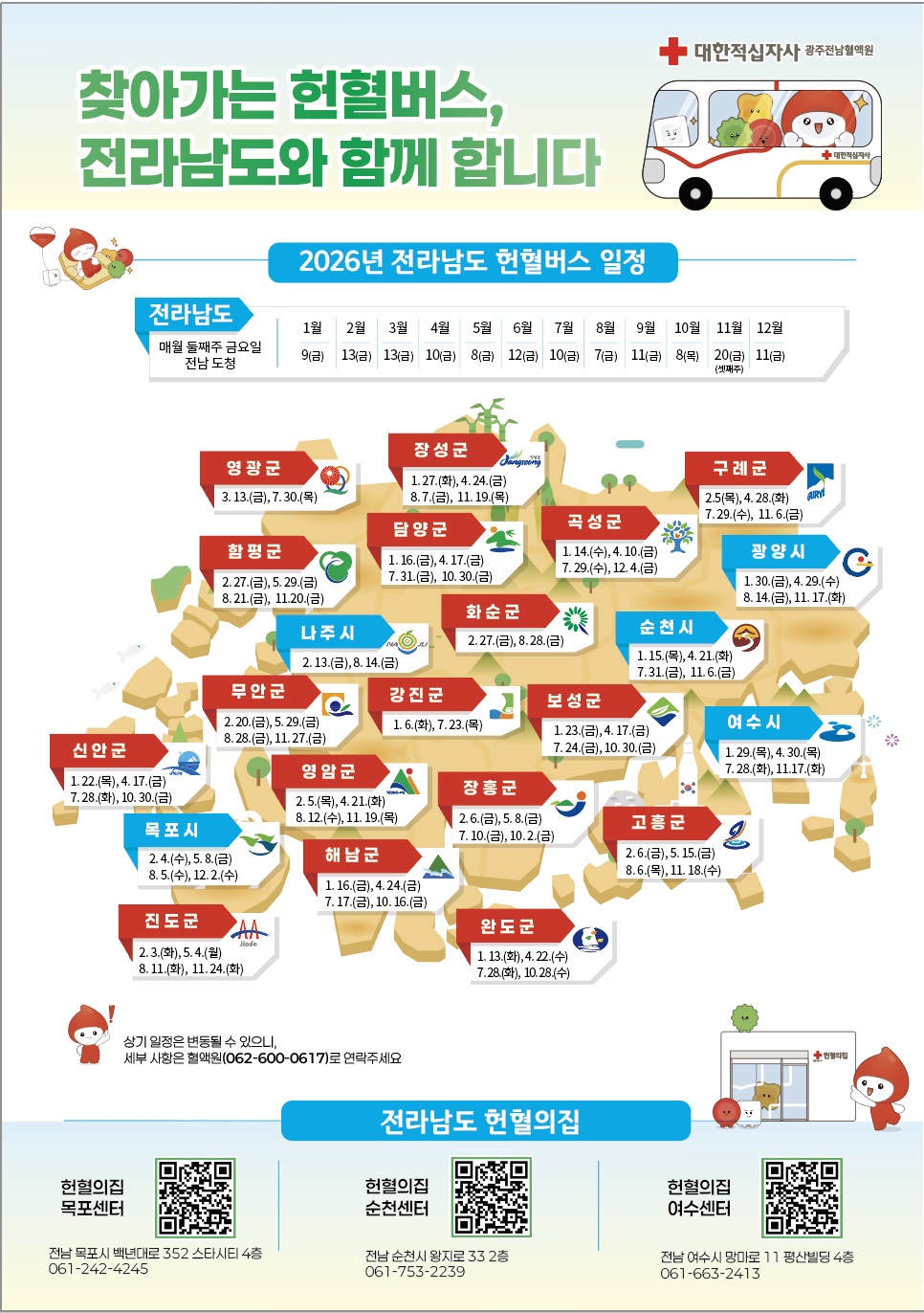 대 한 적 십 자 사 광 주 전 남 혈 액 원 찾아가는 헌혈버스, 전라남도와 함께 합니다 2026년 전라남도 헌혈버스 일정 전라남도 매월 둘째주 금요일 전남 도청  1월 9(금)  2월 13(금) 3월  13(금) 4월 10(금 5월  8(금) 6월 12(금) 7월 10(금) 8월  7(금) 9월 11(금) 10월  8(목) 11월 20(금) (셋째주) 12월 11(금)    영광군 3. 13.(금), 7.30.(목)  장성군 1.27.(화), 4.24.(금 )8.7.(금), 11. 19.(목)  구례군 2.5(목), 4.28.(화) 7.29.(수), 11. 6.(금)  광양시 1.30.(금), 4.29.(수) 8. 14.(금), 11. 17.(화)  곡성군 1. 14.(수), 4.10.(금) 7.29.(수), 12.4.(금)  담양군 1.16.(금), 4. 17.(금) 7.31.(금), 10.30.(금)  함평군 2.27.(금), 5.29.(금) 8.21.(금), 11.20.(금) 나주시 2.13.(금), 8.14.(금) 화순군 2.27.(금), 8.28.(금) 순천시 1.15.(목), 4.21.(화) 7.31.(금), 11.6.(금)  여수시 1.29.(목), 4.30.(목) 7.28.(화), 11.17.(화)  보성군 1.23.(금), 4.17.(금) 7.24.(금), 10.30.(금)  강진군 1.6.(화), 7.23.(목)  무안군 2.20.(금), 5.29.(금) 8.28.(금), 11.27.(금)  신안군 1.22.(목), 4. 17.(금) 7.28.(화), 10.30.(금)  영암군 2.5.(목), 4. 21.(화) 8.12.(수), 11. 19.(목)  장흥군 2.6.(금), 5.8.(금) 7.10.(금), 10.2.(금)  고흥군 2.6.(금), 5. 15.(금) 8.6.(목), 11. 18.(수)  목포시 2.4.(수), 5.8.(금) 8.5.(수), 12.2.(수)  해남군 1. 16.(금), 4.24.(금) 7. 17.(금), 10. 16.(금)  진도군 2.3.(화), 5.4.(월) 8.11.(화), 11.24.(화) 완도군 1.13.(화), 4.22.(수) 7.28.(화), 10.28.(수)  상기 일정은 변동될 수 있으니, 세부 사항은 혈액원(062-600-0617)로 연락주세요 전라남도 헌혈의집 헌혈의집목포센터 https://m.site.naver.com/1Y2p1 전남 목포시 백년대로 352 스타시티 4층 061-242-4245 헌혈의집순천센터 https://m.site.naver.com/1Y2p1 전남 순천시 왕지로 33 2층 061-753-2239 헌혈의집 여수센터 https://m.site.naver.com/1Y2p1 전남 여수시 망마로 11 평산빌딩 4층 061-663-2413
