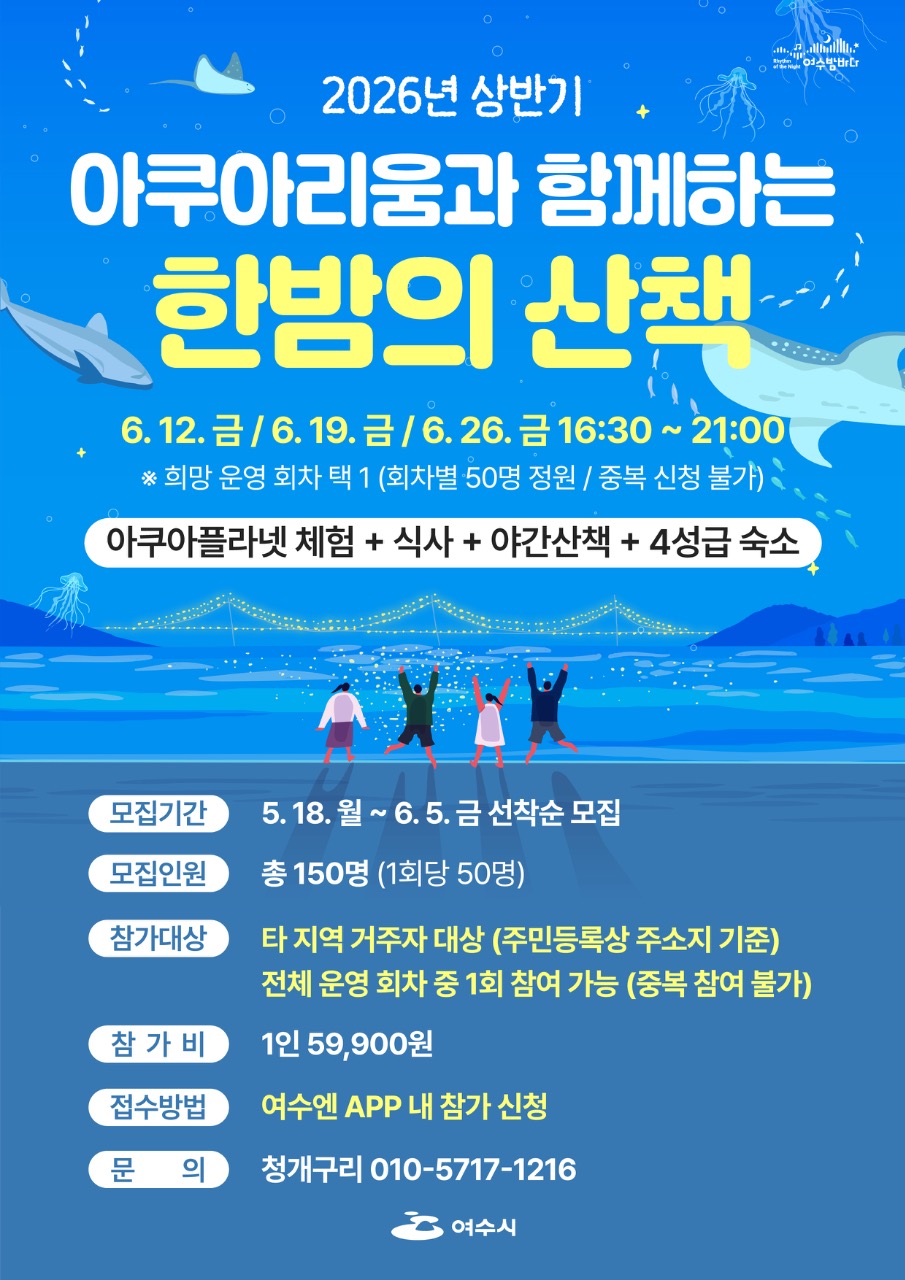 여수밤바다 2026년 상반기 아쿠아리움과 함께하는 한밤의 산책 6. 12. 금/ 6.19. 금 / 6.26. 금 16:30 ~ 21:00 * 희망 운영 회차 택 1 (회차별 50명 정원 / 중복 신청 불가) 아쿠아플라넷 체험 + 식사 + 야간산책 + 4성급 숙소 모집기간 5. 18. 월 ~ 6.5. 금 선착순 모집 모집인원 총 150명 (1회당 50명) 참가대상 타 지역 거주자 대상 (주민등록상 주소지 기준) 전체 운영 회차 중 1회 참여 가능 (중복 참여 불가) 참가비 1인 59,900원 접수방법 여수엔 APP 내 참가 신청 문의 청개구리 010-5717-1216 여수시
