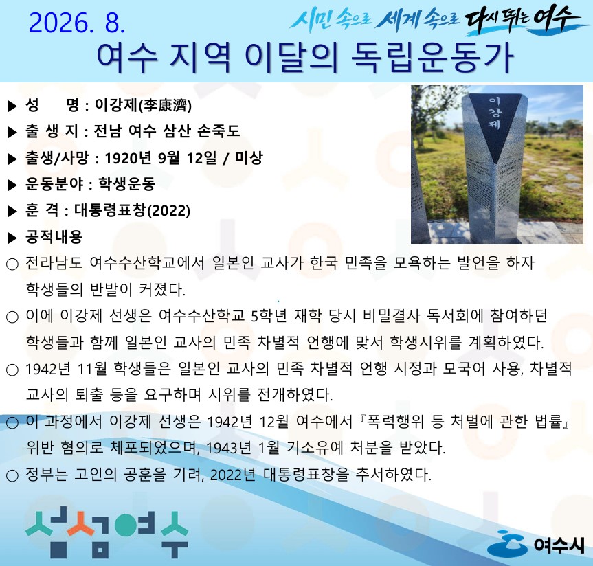 시민속으로 세계속으로 다시 뛰는 여수 2026. 8. 여수 지역 이달의 독립운동가 ▶ 운동분야 : 학생운동 ▶ 훈 격 : 대통령표창(2022) ▶ 공적내용 ○ 전라남도 여수수산학교에서 일본인 교사가 한국 민족을 모욕하는 발언을 하자 학생들의 반발이 커졌다. ○ 이에 이강제 선생은 여수수산학교 5학년 재학 당시 비밀결사 독서회에 참여하던 학생들과 함께 일본인 교사의 민족 차별적 언행에 맞서 학생시위를 계획하였다. ○ 1942년 11월 학생들은 일본인 교사의 민족 차별적 언행 시정과 모국어 사용, 차별적 교사의 퇴출 등을 요구하며 시위를 전개하였다. ○ 이 과정에서 이강제 선생은 1942년 12월 여수에서 『폭력행위 등 처벌에 관한 법률』 위반 혐의로 체포되었으며, 1943년 1월 기소유예 처분을 받았다. ○ 정부는 고인의 공훈을 기려, 2022년 대통령표창을 추서하였다. 시민 속으로 세계 속으 다시두는 여수 ▶ 성 명 : 이강제(李康濟) ▶ 출 생 지 : 전남 여수 삼산 손죽도 ▶ 출생/사망 : 1920년 9월 12일 / 미상 섬섬여수 여수시