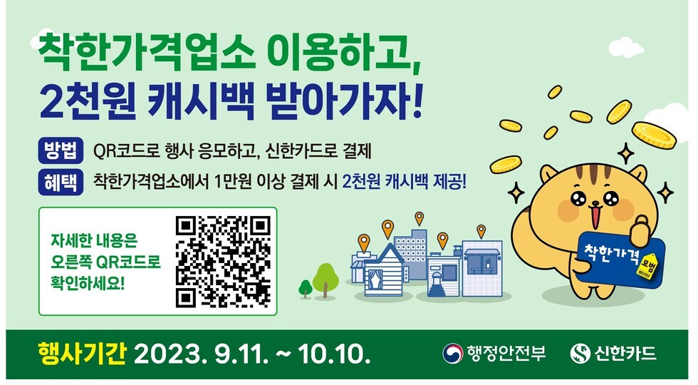착한가격업소 이용하고 2천원 캐시백 받아가자! -방법:QR코드로 행사 응모하고, 신한카드로 결제, -혜택:착한가격업소에서 1만원 이상 경제 시 2천원 캐시백 제공! 자세한 내용은 오른쪽 QR코드로 확인하세요! 