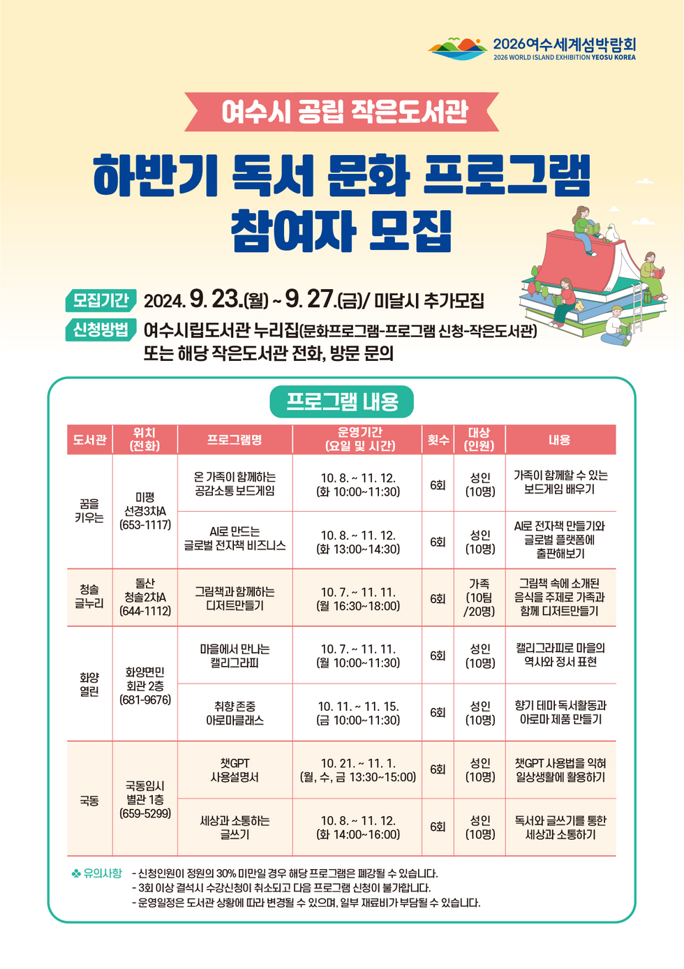 여수시 공립 작은도서관 하반기 독서 문화 프로그램 참여자 모집 모집기간 신청방법 2024. 9. 23.(월)~ 9.27.(금)/ 미달시 추가모집 여수시립도서관 누리집(문화프로그램-프로그램 신청-작은도서관) 또는 해당 작은도서관 전화, 방문 문의 프로그램 내용 도서관,위치 (전화) ,프로그램명 ,운영기간 (요일 및 시간) ,횟수 ,대상 (인원) ,내용 꿈을 키우는 미평 선경3차A (653-1117) 온 가족이 함께하는 공감소통 보드게임 10.8.~ 11. 12. (화 10:00~11:30) 6회 성인 (10명) 가족이 함께할 수 있는 보드게임 배우기 A로 만드는 글로벌 전자책 비즈니스 10.8.~ 11. 12. (화 13:00~14:30) 6회 성인 (10명) A로 전자책 만들기와 글로벌 플랫폼에 출판해보기 청솔 글누리 돌산 청솔2차A (644-1112) 그림책과 함께하는 디저트만들기 10.7.~ 11. 11. (월 16:30~18:00) 6회 가족 (10팀 /20명) 그림책 속에 소개된 음식을 주제로 가족과 함께 디저트만들기 화양 화양면민 마을에서 만나는 캘리그라피 10. 7.~ 11. 11. (월 10:00~11:30) 6회 성인 (10명) 캘리그라피로 마을의 역사와 정서 표현 열린 회관 2층 681-9676) 국동임시 취향존중 아로마클래스 10. 11.~ 11. 15. (금 10:00~11:30) 6회 성인 (10명) 향기 테마 독서활동과 아로마 제품 만들기 챗GPT 사용설명서 10. 21.~ 11. 1. (월, 수, 금 13:30~15:00) 6회 성인 (10명) 챗GPT 사용법을 익혀 일상생활에 활용하기 국동 별관 1층 (659-5299) 세상과 소통하는 글쓰기 10.8.~ 11. 12. (화 14:00~16:00) 6회 성인 (10명) 독서와 글쓰기를 통한 세상과 소통하기 ※ 유의사항 - 신청인원이 정원의 30% 미만일 경우 해당 프로그램은 폐강될 수 있습니다. - 3회 이상 결석시 수강신청이 취소되고 다음 프로그램 신청이 불가합니다. - 운영일정은 도서관 상황에 따라 변경될 수 있으며, 일부 재료비가 부담될 수 있습니다.