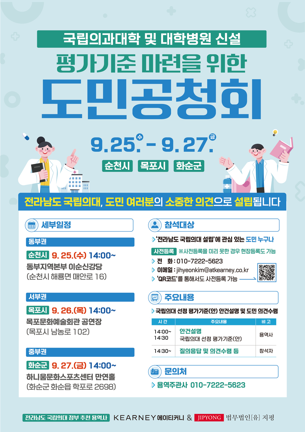 국립의과대학 및 대학병원 신설 평가기준 마련을 위한 도민공청회 9.25°- 9.27 순천시 목포시 화순군 전라남도 국립의대, 도민 여러분의 소중한 의견으로 설립됩니다 세부일정 동부권 순천시 9. 25.(수) 14:00~ 동부지역본부 이순신강당 (순천시 해룡면 매안로 16) 서부권 목포시 9. 26.(목) 14:00~ 목포문화예술회관 공연장 (목포시 남농로 102) 중부권 화순군 9. 27.(금) 14:00~ 하니움문화스포츠센터 만연홀 (화순군 화순읍 학포로 2698) 참석대상 >'전라남도 국립의대 설립'에 관심 있는 도민 누구나 사전등록 ※사전등록을 미리 못한 경우 현장등록도 가능 > 전화 : 010-7222-5623 > 이메일 : jihyeonkim@atkearney.co.kr > 'QR코드'를 통해서도 사전등록 가능 주요내용 > 국립의대 선정 평가기준(안) 안건설명 및 도민 의견수렴 문의처 > 용역주관사 010-7222-5623