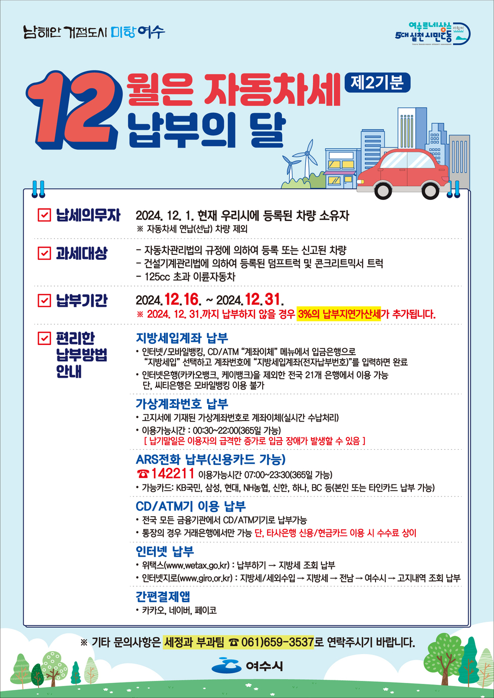 12월은 자동차세 납부의 달 제2기분 납세의무자 2024, 12, 1. 현재 우리시에 등록된 차량 소유자 ※ 자동차세 연납(선납) 차량 제외 과세대상 - 자동차관리법의 규정에 의하여 등록 또는 신고된 차량 - 건설기계관리법에 의하여 등록된 덤프트럭 및 콘크리트믹서 트럭 - 125cc 초과 이륜자동차 납부기간 2024.12.16 ~ 2024.12.31 ※ 2024. 12. 31.까지 납부하지 않을 경우 3%의 납부연기 가산세가 추가됩니다. 편리한 납부방법 안내 지방일계좌 납부 - 인터넷/모바일뱅킹, CD/ATM “계좌이체” 메뉴에서 입금운용을 “자동차세” 선택하고 계좌번호에 “지방세입계좌”를 입력하면 완료 인터넷은행/카카오뱅크, 케이뱅크를 제외한 전국 21개 은행에서 이용 가능 단, 세티즌은 모바일뱅킹 이용 불가 가상계좌번호 납부 - 고지서에 기재된 가상계좌번호로 제때(실시간 납부처리) 이용가능 - 이용가능시간 : 00:30~22:00(365일 가능) [납부정보를 이용자의 극복적 증가로 입력 정보가 발생할 수 있음] ARS전화 납부(신용카드 가능) ☎ 14221 이용가능시간 07:00~23:00(365일 가능) - 가능카드: KB국민, 삼성, NH농협, 신한, 하나, BC 등 본인 또는 타인 카드 가능 CD/ATM 이용 납부 - 전국 모든 금융기관에서 CD/ATM기로 납부 가능 - 통장 없이 카드로 가능하신 분은 단, 타사은행 신용/연금카드 이용 시 수수료 발생 인터넷 납부 - 웹사이트(www.wetax.go.kr) : 납부하기 → 지방세 조회 납부 - 인터넷뱅크(www.giro.or.kr) : 지방세/세외수입 → 지방세 → 여수시 → 고지서 조회 납부 간편결제앱 - 카카오, 네이버, 페이코 ※ 기타 문의사항은 세정과 부과팀 ☎ 061)659-3537로 연락주시기 바랍니다.