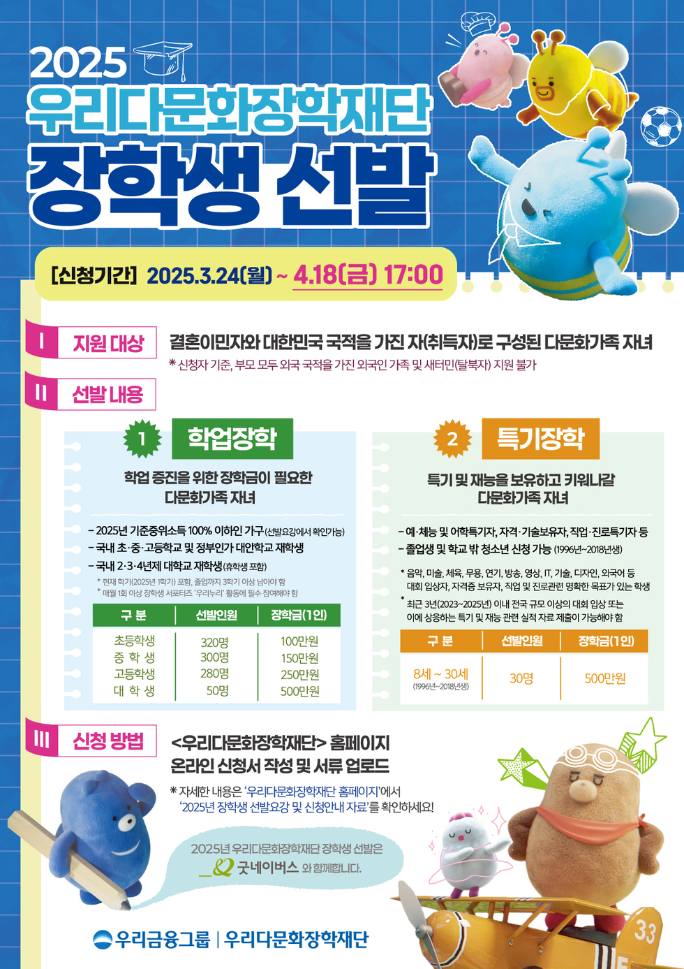 2025 우리다문화장학재단 장학생 선발 [신청기간] 2025.3.24(월) ~ 4.18(금) 17:00 [지원 대상] * 신청자 기준, 부모 모두 외국 국적을 가진 자(취득자)로 구성된 다문화가족 자녀 [선발 내용] 1. 학업장학 학업 중지를 위한 장학금이 필요한 다문화가족 자녀 - 2025년 기준중위소득 100% 이하인 가구(2022년 4인 기준) - 국내 초·중·고등학교 및 정규학원에 재학 중 - 국내 2~4년제 대학 재학생 2. 특기장학 특기 및 재능을 보유하고 키울 수 있는 다문화가족 자녀 - 예·체능 및 아트분야, 자격·기술보유자, 직업·진로지도자 등 - 졸업생 및 학부모 청소년 신청 가능 (1996년~2018년생) [신청 방법] <우리다문화장학재단> 홈페이지 온라인 신청 작성 및 서류 업로드 * 자세한 내용은 '우리다문화장학재단 홈페이지'에서 '2025년 장학생 선발요강 및 신청안내 자료'를 확인하세요! 2025년 우리다문화장학재단 장학생 선발은 굿네이버스와 함께합니다. 우리금융그룹 | 우리다문화장학재단