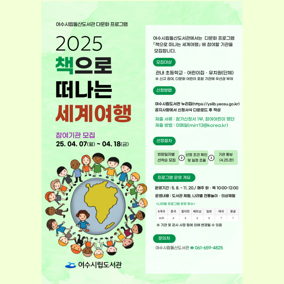 여수시립도서관 다문화 프로그램 2025 책으로 떠나는 세계여행 참여기관 모집 25. 04. 07(월) ~ 04. 18(금) 모집대상 관내 초등학교· 어린이집· 유치원(단체) ※ 신청 시, 다양한 어린이 관련 기관 우선 분야 신청방법 여수시립도서관 누리집(https://sybl.yeosu.go.kr) 공지사항에서 신청서 다운로드 후 작성 제출 서류 : 참가신청서 1부, 참여어린이 명단 제출 방법 : 이메일(mirr13@korea.kr) 선정절차 희망일자 선택후 모집 성격 조건 확인 및 일괄 접종 기관 통보(4.25.함) 프로그램 운영 개요 운영기간 : 5. 8 ~ 11. 20 / 매주 수·목 10:00~12:00 운영장소 : 도서관 체험, 나래관 전시행사 내년부터 프로그램 운영 변동이 있을 수 있음 문의처 여수시립도서관 061-659-4825