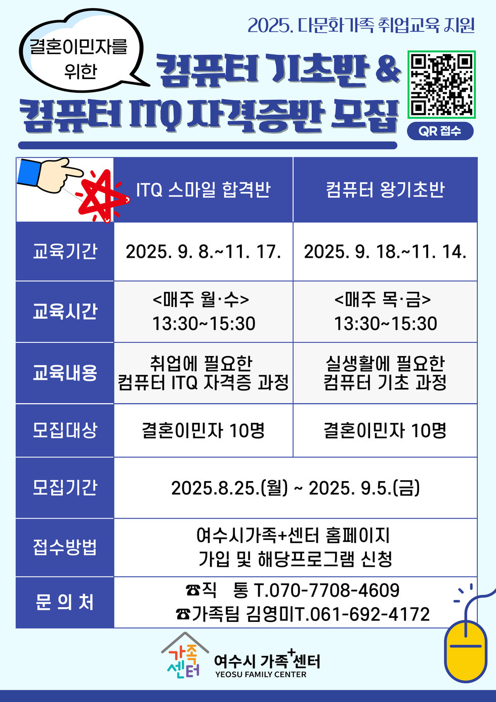 결혼이민자를 위한 컴퓨터 기초반 & 컴퓨터 ITQ 자격증반 모집 QR 접수 교육기간 2025. 9. 8.~11. 17. 교육기간 2025. 9. 18.~11. 14. 교육시간 <매주 월·수> 13:30~15:30 교육시간 <매주 목·금> 13:30~15:30 교육내용 취업에 필요한 컴퓨터 ITQ 자격증 과정 교육내용 실생활에 필요한 컴퓨터 기초 과정 모집대상 결혼이민자 10명 모집대상 결혼이민자 10명 모집기간 2025.8.25.(월) ~ 2025. 9.5.(금) 접수방법 여수시가족+센터 홈페이지 가입 및 해당프로그램 신청 문의처 통 T.070-7708-4609 문의처 가족팀 김영미 T.061-692-4172 여수시 가족센터