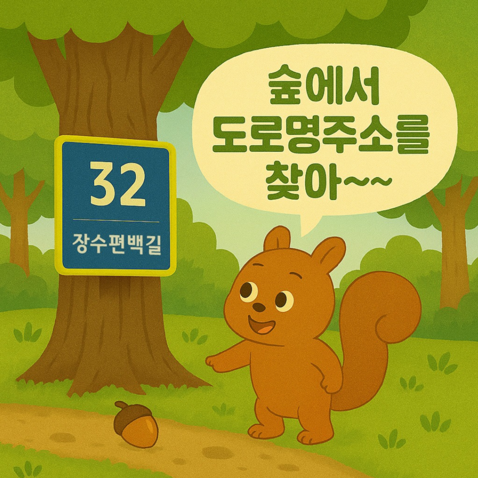 32 장수편백길. 다람쥐: 숲에서 도로명주소를 찾아~~