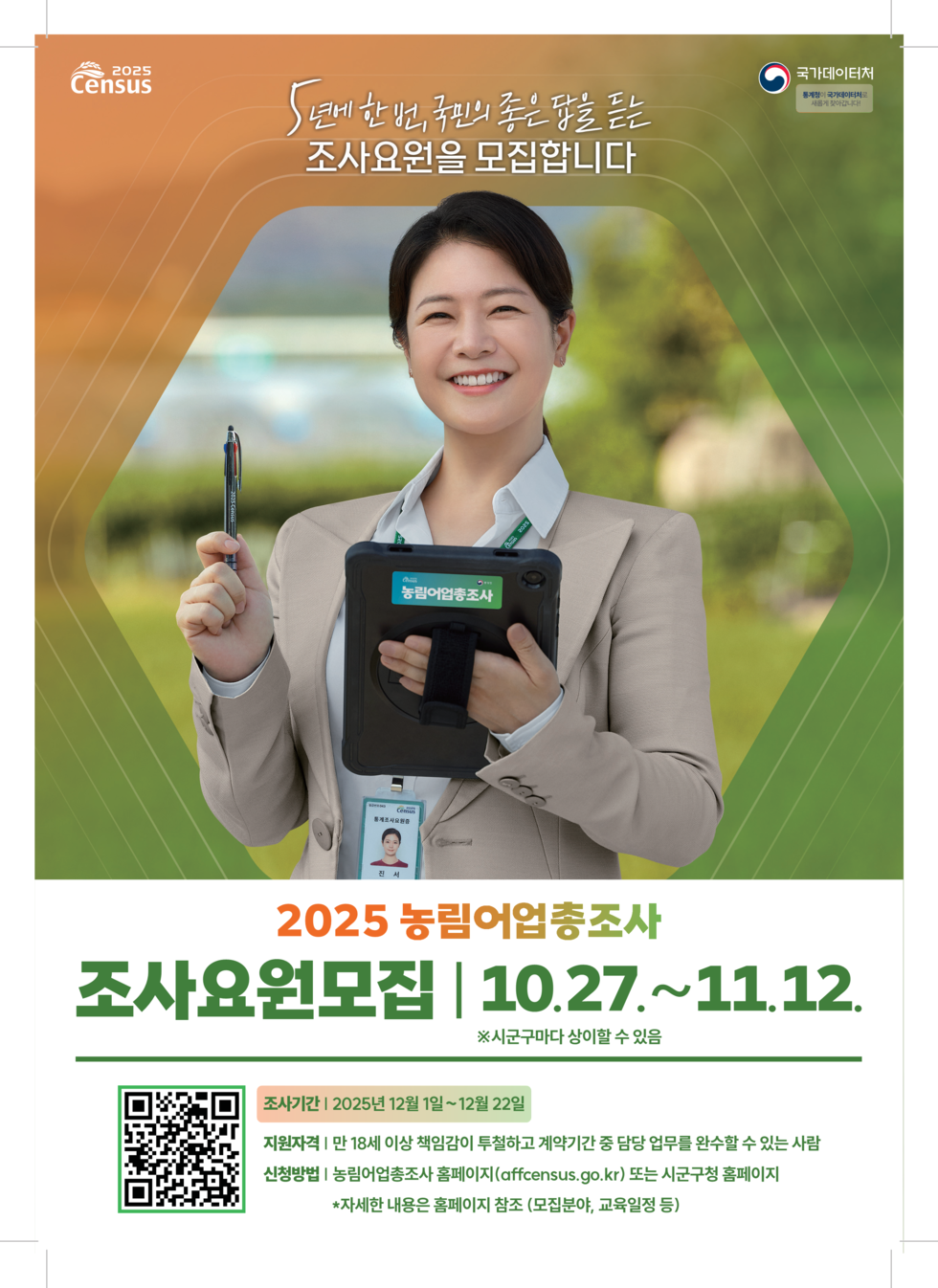 2025 Census, 국가데이터처 통계청이 국가데이터처로 새롭게 찾아갑니다.
'5년에 한 번, 국민의 좋은 답을 든는 조사요원을 모집합니다'
2025 농림어업총조사 조사요원모집 10월 27일 ~ 11월 12일 ※시군구마다 상이할 수 있음
조사기간: 2025년 12월 1일 ~ 12월 22일
지원자격: 만 18세 이상 책임감이 투철하고 계약기간 중 담당 업무를 완수할 수 있는 사람
신청방법: 농림어업총조사 홈페이지(affcensus.go.kr) 또는 시군구청 홈페이지
*자세한 내용은 홈페이지 참조 (모집분야, 교육일정 등)
QR코드 연결 주소 https://www.affcensus.go.kr/main/ehpa/aa/ehpaaa100m01?adfrom=repost
