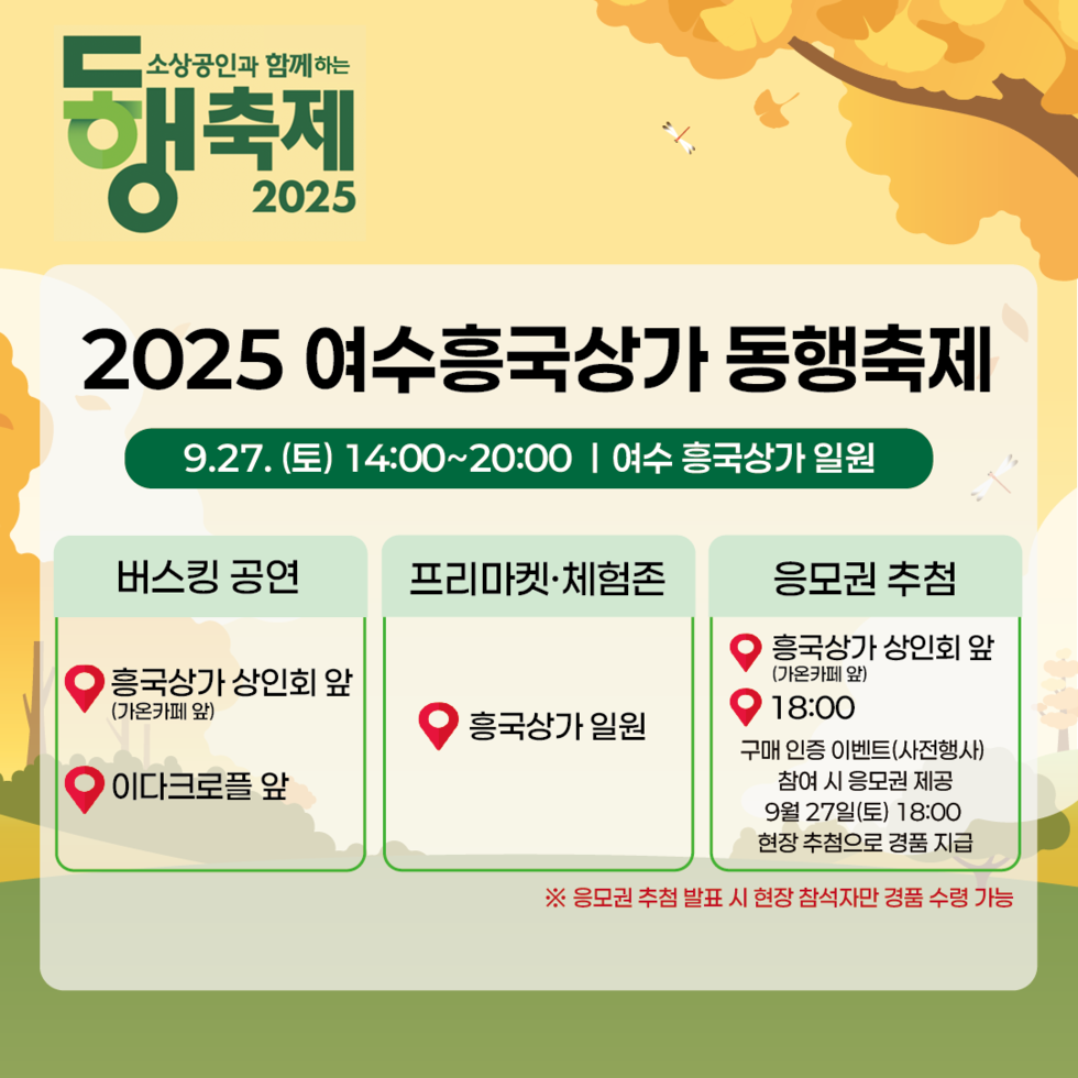 소상공인과 함께하는 동행축제 2025 2025 여수 흥국상가 동행축제일시: 9월 27일 (토) 14:00~20:00 | 장소: 여수 흥국상가 일원버스킹 공연: 흥국상가 상인회 앞(가온카페 앞), 이다크로플 앞프리마켓·체험존: 흥국상가 일원응모권 추첨: 흥국상가 상인회 앞(가온카페 앞), 시간 18:00, 구매 인증 이벤트(사전행사) 참여 시 응모권 제공, 9월 27일(토) 18:00 현장 추첨으로 경품 지급※ 응모권 추첨 발표 시 현장 참석자만 경품 수령 가능