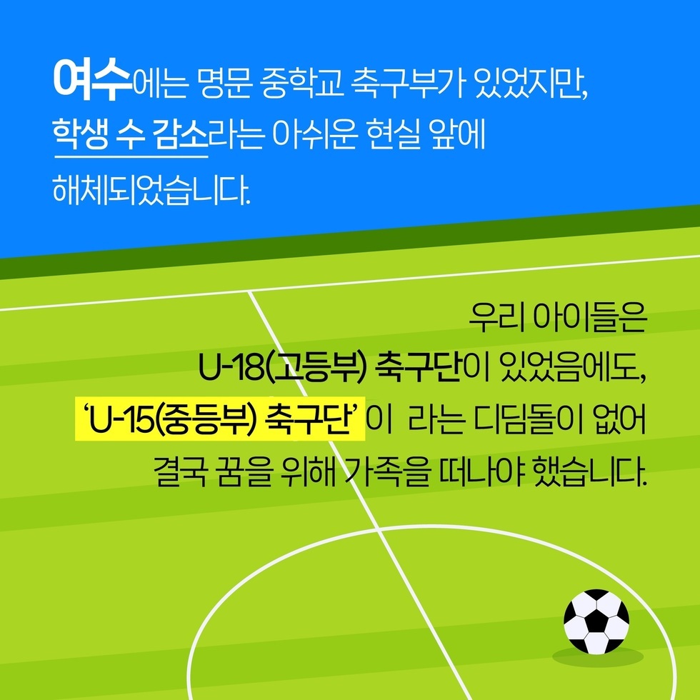 여수에는 명문 중학교 축구부가 있었지만, '학생 수 감소'라는 아쉬운 현실 앞에 해체되었습니다.
우리 아이들은 U-18(고등부) 축구단이 있었음에도, 'U-15(중등부) 축구단'이 라는 디딤돌이 없어 결국 꿈을 위해 가족을 떠나야 했습니다.