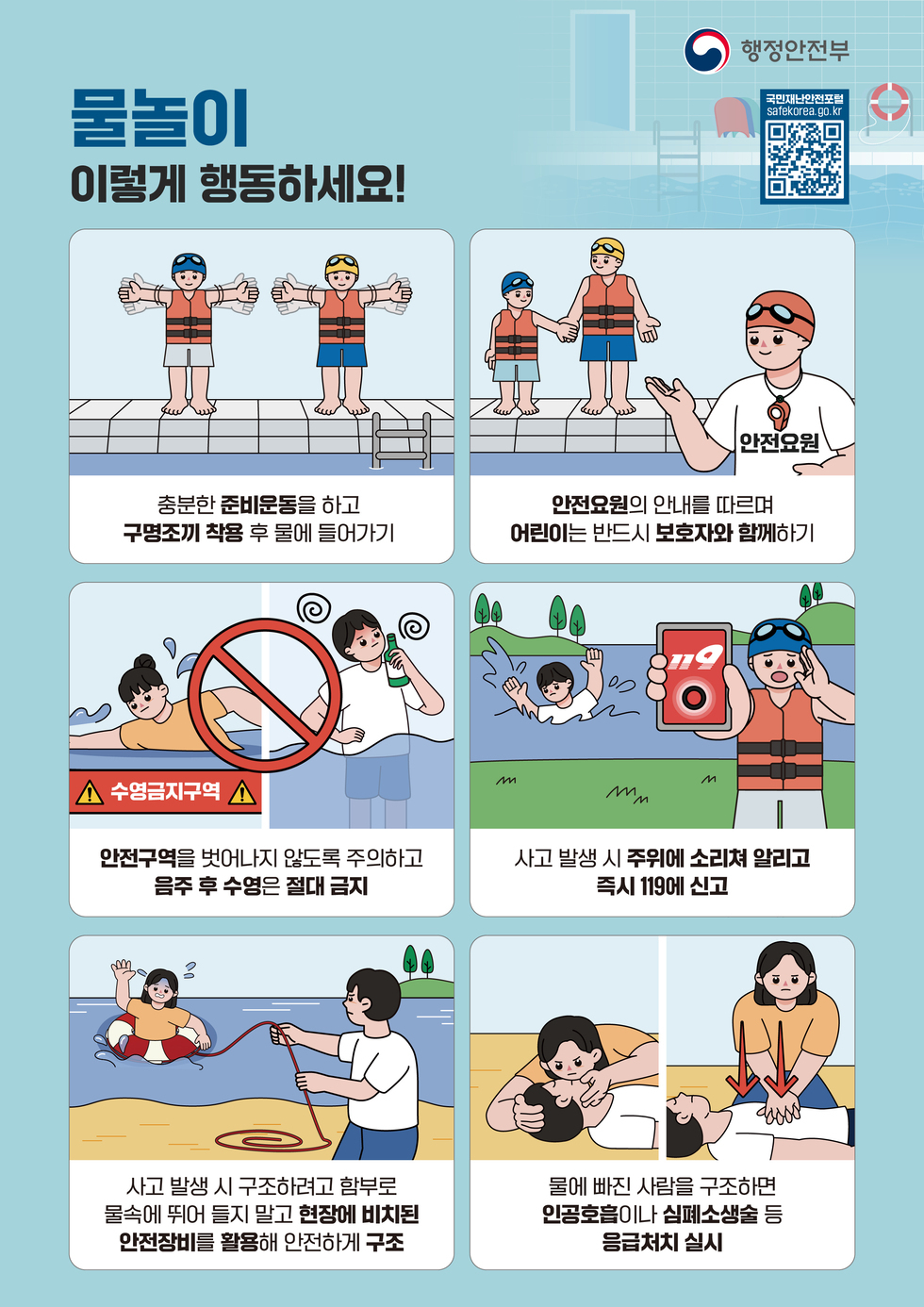 행정안전부 국민재난안전포털 safekorea.go.kr https://m.site.naver.com/1hke5 물놀이 이렇게 행동하세요! 충분한 준비운동을 하고 구명조끼 착용 후 물에 들어가기 안전요원의 안내를 따르며 어린이는 반드시 보호자와 함께하기 수영금지구역 안전구역을 벗어나지 않도록 주의하고 음주 후 수영은 절대 금지 사고 발생 시 주위에 소리쳐 알리고 즉시 119에 신고 사고 발생 시 구조하려고 함부로 물속에 뛰어 들지 말고 현장에 비치된 안전장비를 활용해 안전하게 구조 물에 빠진 사람을 구조하면 인공호흡이나 심폐소생술 등 응급처치 실시