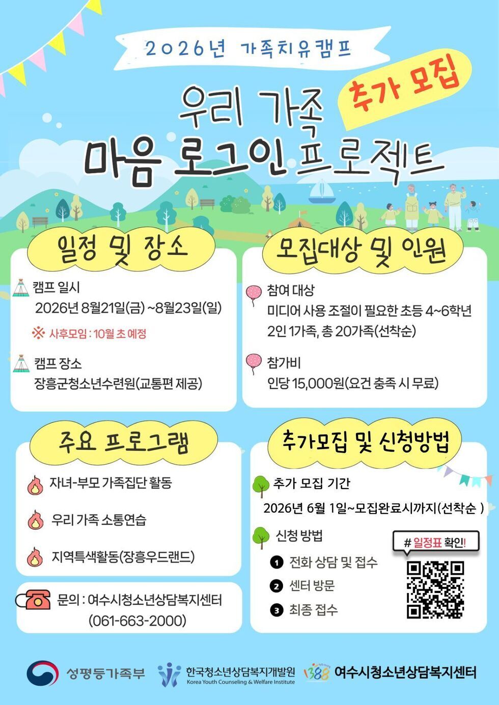 2026년 가족치유캠프 우리 가족 마음 로그인프로젝트 추가모집 일정 및 장소 캠프 일시 2026년 8월21일(금)~8월23일(일) ※· 사후모임 : 10월 초 예정 모집대상 및 인원 참여 대상 미디어 사용 조절이 필요한 초등 4~6학년 2인 1가족, 총 20가족(선착순) 주요 프로그램 자녀-부모 가족집단 활동 우리 가족 소통연습 지역특색활동(장흥우드랜드) 문의 : 여수시청소년상담복지센터 (061-663-2000) 추가모집 및 신청방법 추가 모집 기간 2026년 6월 1일~모집완료시까지(선착순 ) 신청 방법 1 전화 상담 및 접수 2 센터 방문 3 최종 접수 #일정표 확인! http://www.ys1388.or.kr/notice/245 성평등가족부 한국청소년상담복지개발원 Korea Youth Counseling & Welfare Institute 1388 여수시청소년상담복지센터