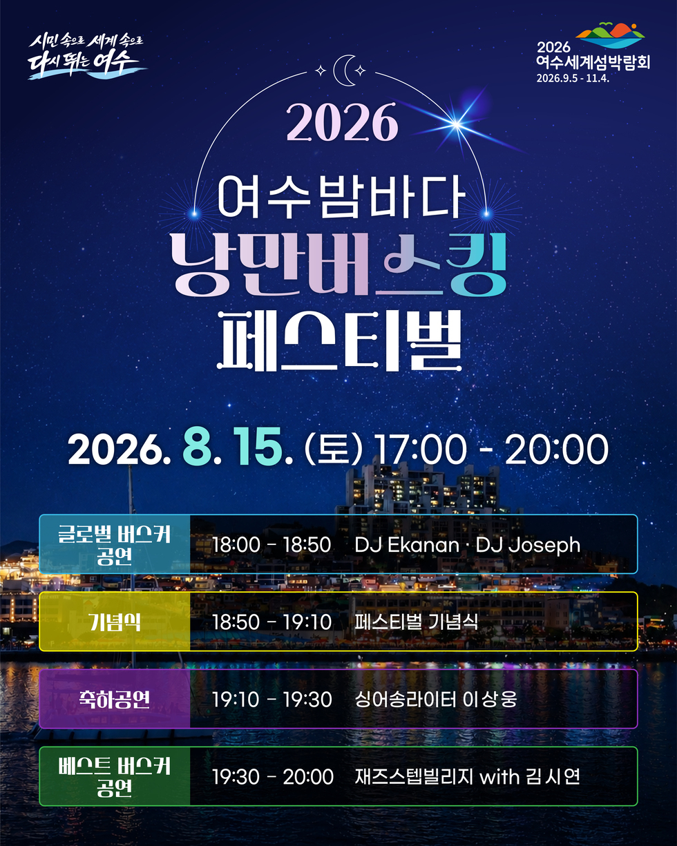 2026 여수세계섬박람회 2026.9.5 - 11.4. 시민 속으로 세계 속으로 다시 뛰는 여수 2026 여수밤바다 낭만버스킹 페스티벌 2026.8.15.(토) 17:00-20:00 글로벌 버스커 공연 18:00 - 18:50 DJ Ekanan . DJ Joseph 기념식 18:50 - 19:10 페스티벌 기념식 축하공연 19:10 - 19:30 싱어송라이터 이상웅 베스트 버스커 공연 19:30 - 20:00 재즈스텔빌리지 with 김시연