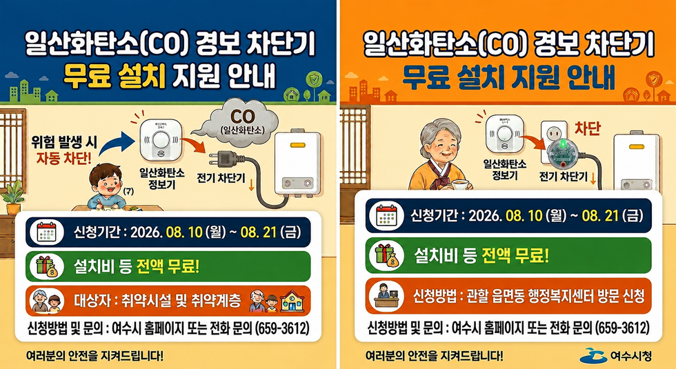 일산화탄소(CO) 경보 차단기 무료 설치 지원 안내 신청기간 : 2026. 08. 10 (월) ~ 08.21 (금) 설치비 등 전액 무료! 대상자 : 취약시설 및 취약계층 신청방법 및 문의 : 여수시 홈페이지 또는 전화 문의 (659-3612) 여러분의 안전을 지켜드립니다! 일산화탄소(CO) 경보 차단기 무료 설치 지원 안내 신청기간 : 2026. 08. 10 (월)~ 08. 21 (금) 설치비 등 전액 무료! 신청방법 : 관할 읍면동 행정복지센터 방문 신청 신청방법 및 문의 : 여수시 홈페이지 또는 전화 문의 (659-3612) 여러분의 안전을 지켜드립니다! 여수시청