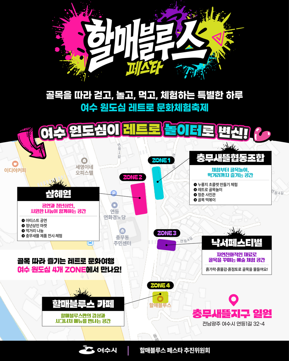 할매블루스 페스타 골목을 따라 검고, 놀고, 먹고, 체험하는 특별한 하루 여수 원도심 레트로 문화체험축제 여수 원도심이 레트로 놀이터로 변신!  ZONE1 충무새를합동조합 체험부터 골목놀이, 먹거리까지 즐기는 공간 1 누룽지 초콜렛 만들기 체험 2 레트로 골목놀이 3 청춘 사진관 4 골목 떡볶이  ZONE2 삼혜원 공연과 청년상인, 시원한 나눔이 함께하는 공간 1 아티스트 공연 2 청년상인 마켓 3 먹거리 나눔 4 충무새뜰 제품 전시·체험  ZONE3 낙서페스티벌 자연친화적인 재료로 골목을 꾸미는 예술 체험 공간 흙가락·흙물감·흙점토로 골목을 물들여요!  ZONE4 할매블루스 카페 할매블루스만의 감성과 시그니처 메뉴를 만나는 공간  충무새뜰지구 일원 전남광주 여수시 연등1길 32-4  여수시 할매블루스 페스타 추진위원회