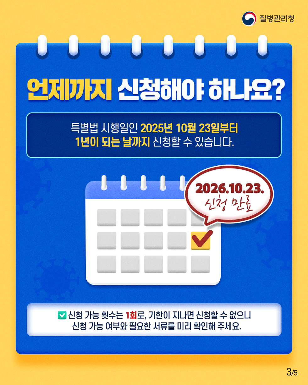 질병관리청 언제까지 신청해야 하나요? 특별법 시행일인 2025년 10월 23일부터 1년이 되는 날까지 신청할 수 있습니다. 2026.10.23. 신청만료 신청 가능 횟수는 1회로, 기한이 지나면 신청할 수 없으니 신청 가능 여부와 필요한 서류를 미리 확인해 주세요.