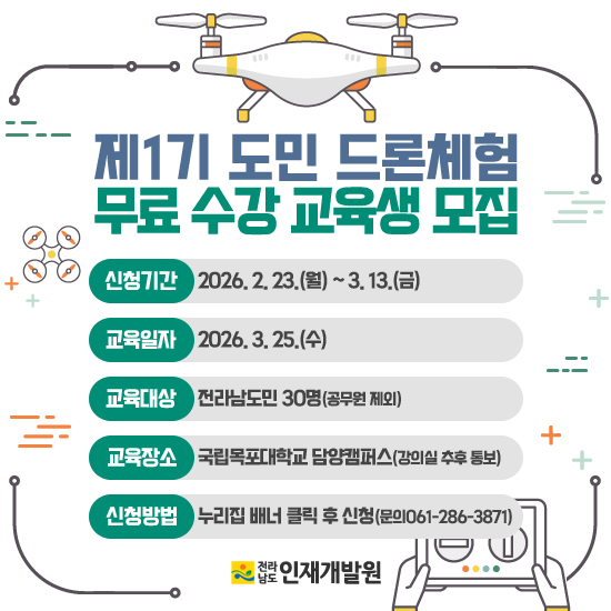 제1기 도민 드론체험 무료 수강 교육생 모집 신청기간 2026년 2월 23일(월) ~3월 13일(금)  교육일자 2026년3월25일(수)  교육대상 전라남도민 30명(공무원 제외)  교육장소 국립목포대학교 담양캠퍼스(강의실 추후 통보)  신청방법 누리집 배너 클릭 후 신청(문의061-286-3871)