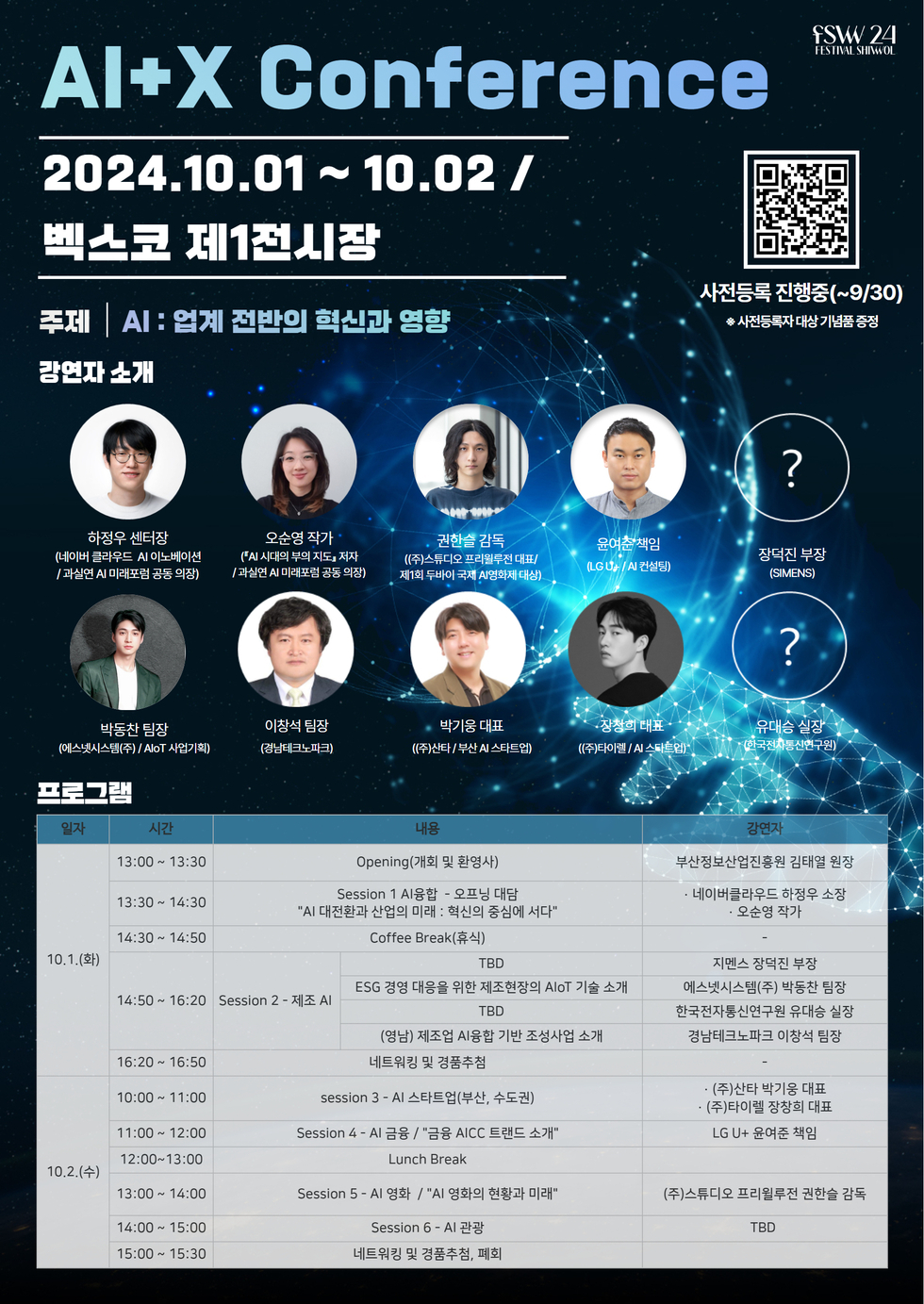 2024년 10월 1일부터 2일까지 벡스코 제1전시장에서 열리는 AI+X Conference, 주제는 AI 업계 전반의 혁신과 영향, 네이버클라우드 하정우 센터장, 작가 오소영, 권한솔 감독, LG유플러스 윤영준 책임, SIEMENS 장덕진 부장, 엑스넥스 박동찬 팀장, 경남테크파크 이창선 팀장, ㈜샤타 박기웅 대표, ㈜타임에이 장성석 대표, 한국스마트교육협회 유대승 실장 등이 강연자로 참여하며 AI 활용과 제조, 금융, 영화 등 다양한 세션이 진행됨