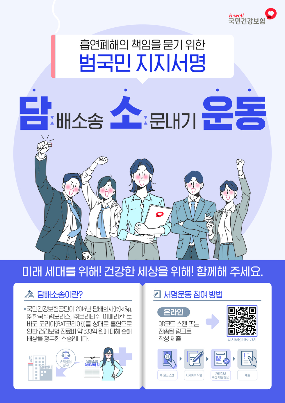 흡연폐해의 책임을 묻기 위한 범국민 지지서명 담배소송 소문내기 운동 미래 세대를 위해! 건강한 세상을 위해! 함께 해 주세요. 담배소송이란? 국민건강보험공단이 2014년 담배회사㈜제일기획, ㈜한국필립모리스, ㈜브리티시 아메리칸 담배코리아(BAT코리아)를 상대로 흡연으로 인한 건강보험 진료비 약 533억 원에 대해 손해배상을 청구한 소송입니다. 서명운동 참여 방법 온라인 QR코드 스캔 또는 전송된 링크로 작성 제출 지지서명 바로가기