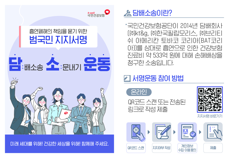 흡연폐해의 책임을 묻기 위한 법국민 지지서명 담배소송운동 서명운동 참여 방법 온라인 QR코드 스캔 또는 전송된 링크로 작성 제출 미래 세대를 위해 건강한 세상을 위해 함께 해 주세요